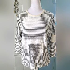 Vintg Y2K Tommy Hilfiger 3/4 Sleeve Tee Cream w/Grey&Black Pinstripe Strech Cott
